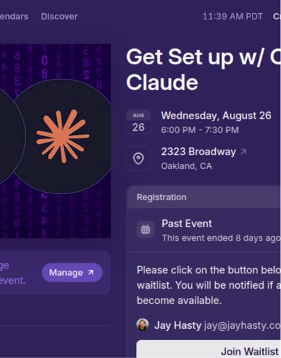 Event card for a Claude setup class Jay taught in Oakland, August 26, 2026